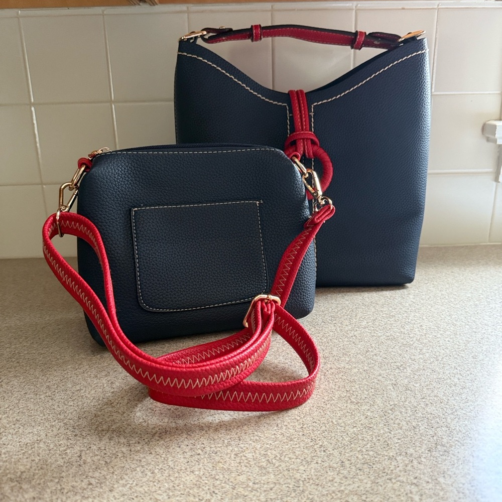 Chic Navy and Red Women's Shoulder Bag Set